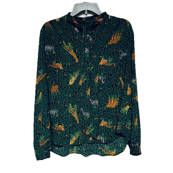 J Crew Emerald Green Safari Jungle Print Blouse w Attached Scarf / Bow Large - Picture 1 of 7